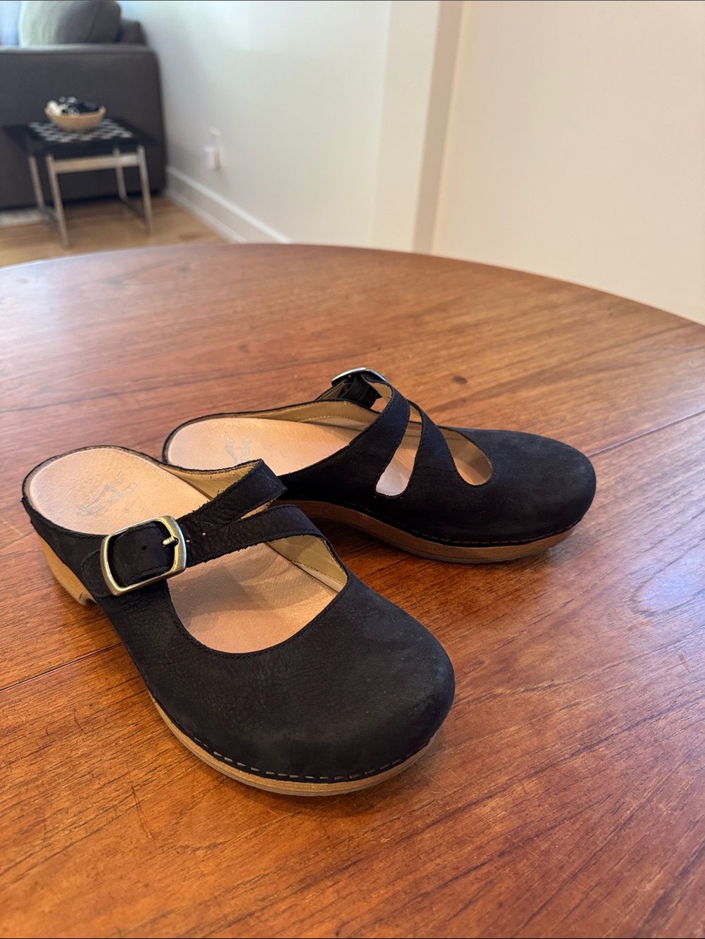 Women's Dansko Black Suede Buckle Clog Mules
